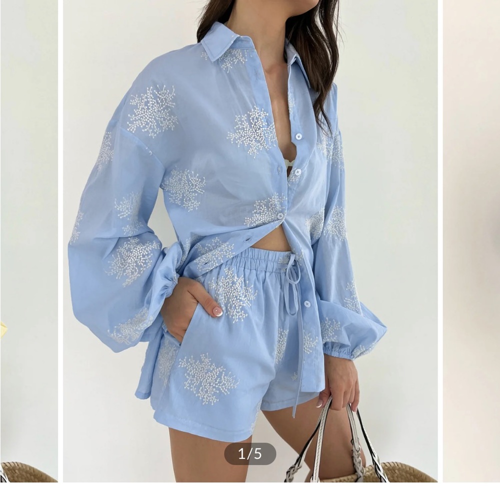 Commense Light Blue Semi Sheet Plant Embroidery Shorts Set